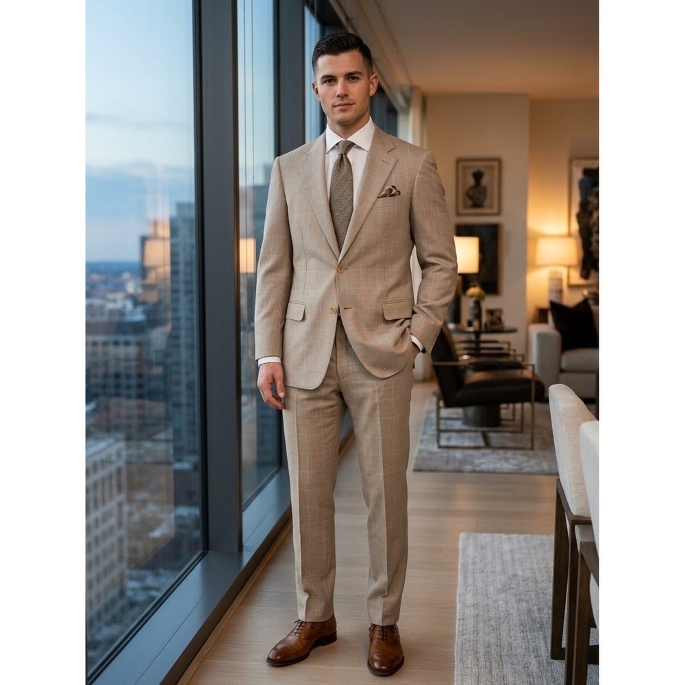 Ermenegildo Zegna Tan Windowpane Wool Blazer Sport Coat EU54 US44 Italy Super100